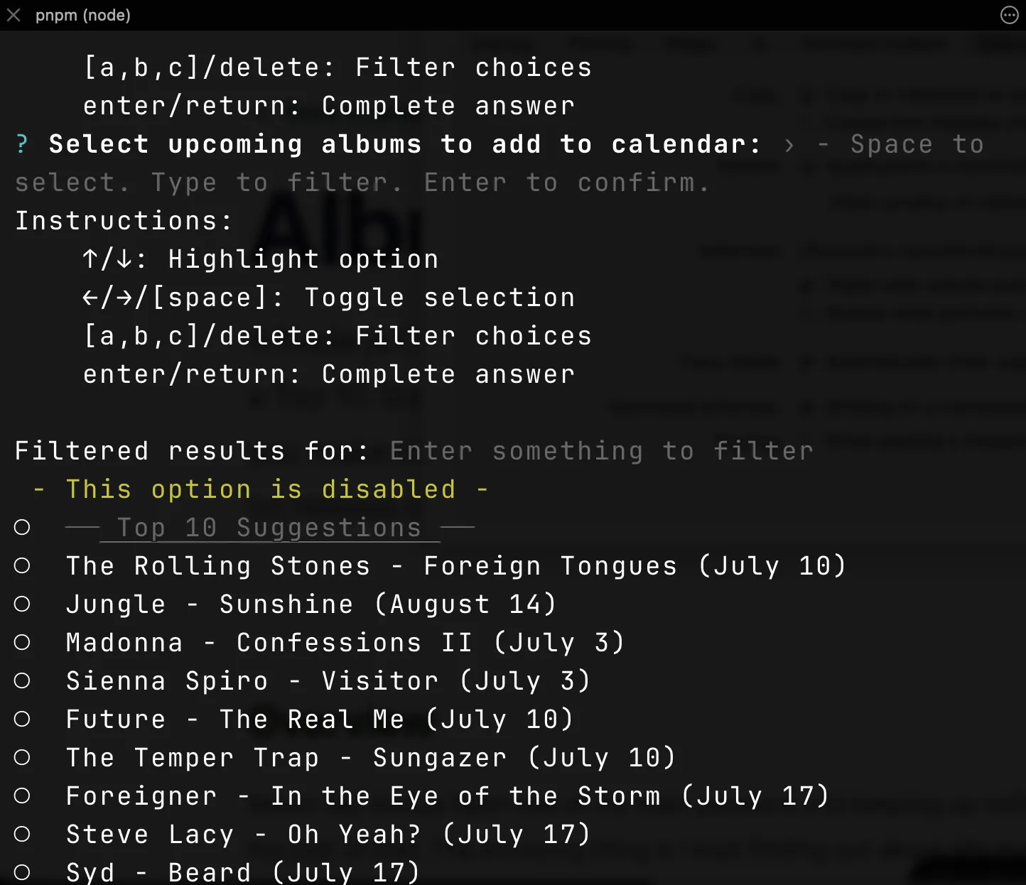 The Top 10 Suggestions block at the top of the interactive album checklist