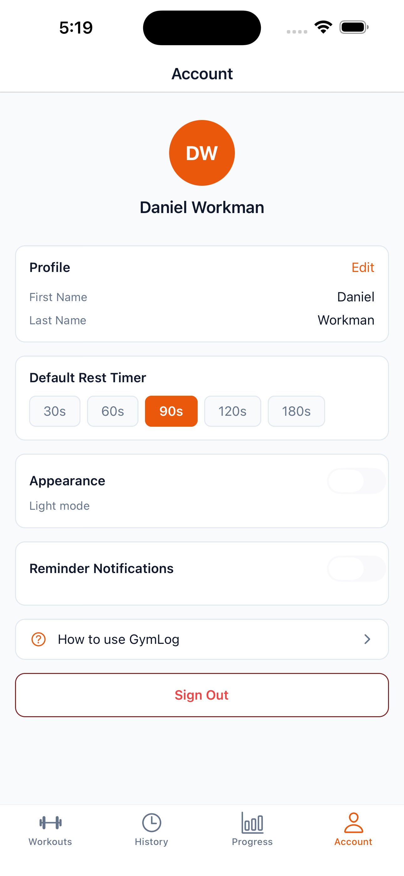 Account screen