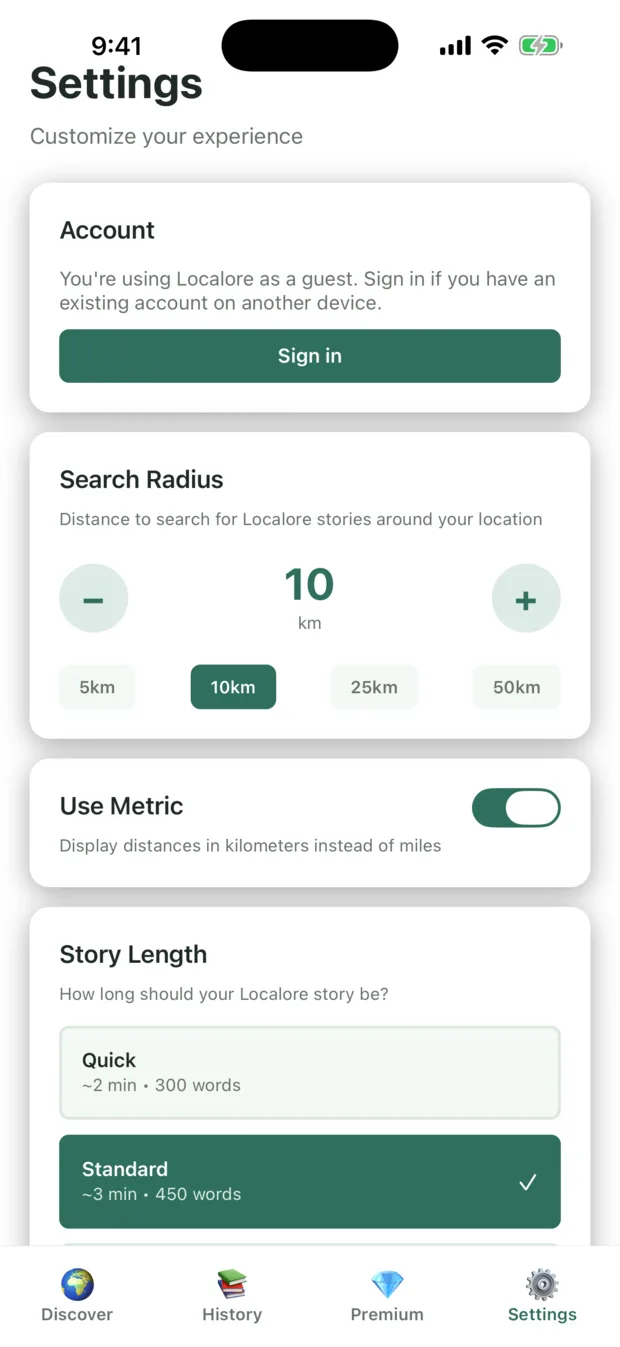 The Localore settings screen with search radius and story length controls