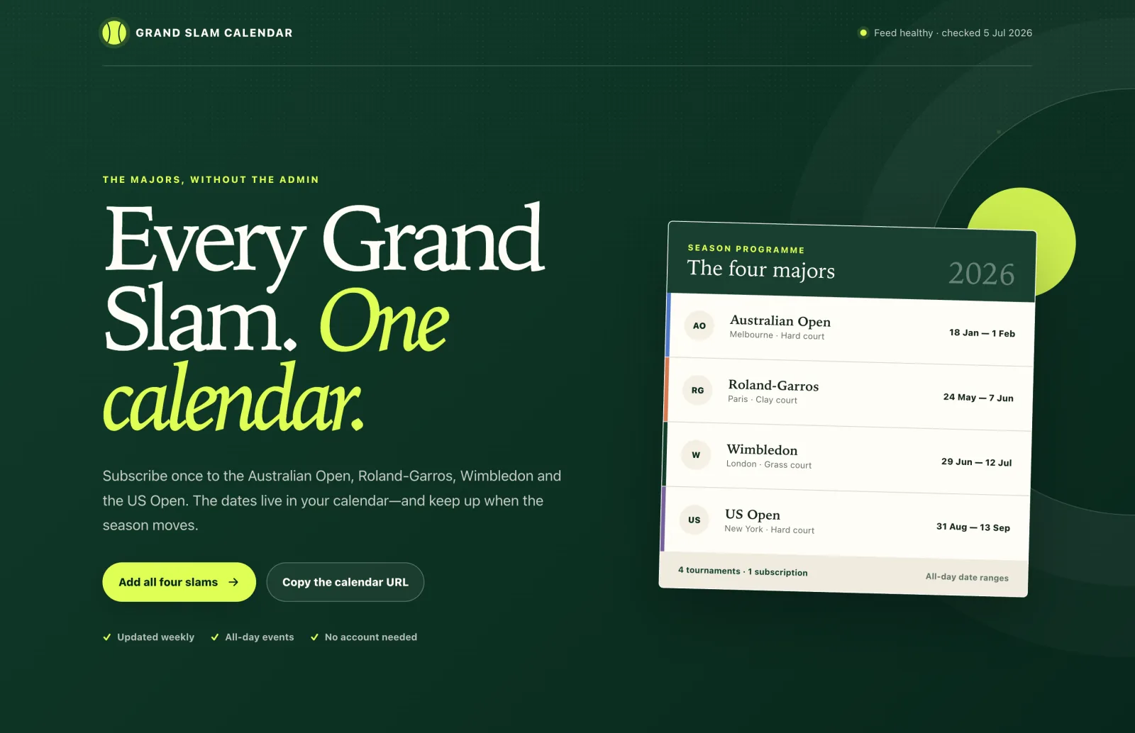 The Grand Slam Calendar homepage at grandslamcalendar.com